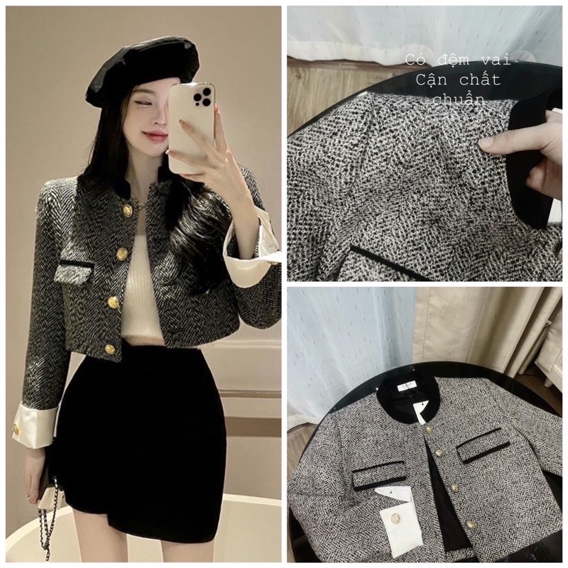Áo dạ TWEED kẻ dọc cú túi nắp , Áo xương cá phối cổ tay trắng siêu hot