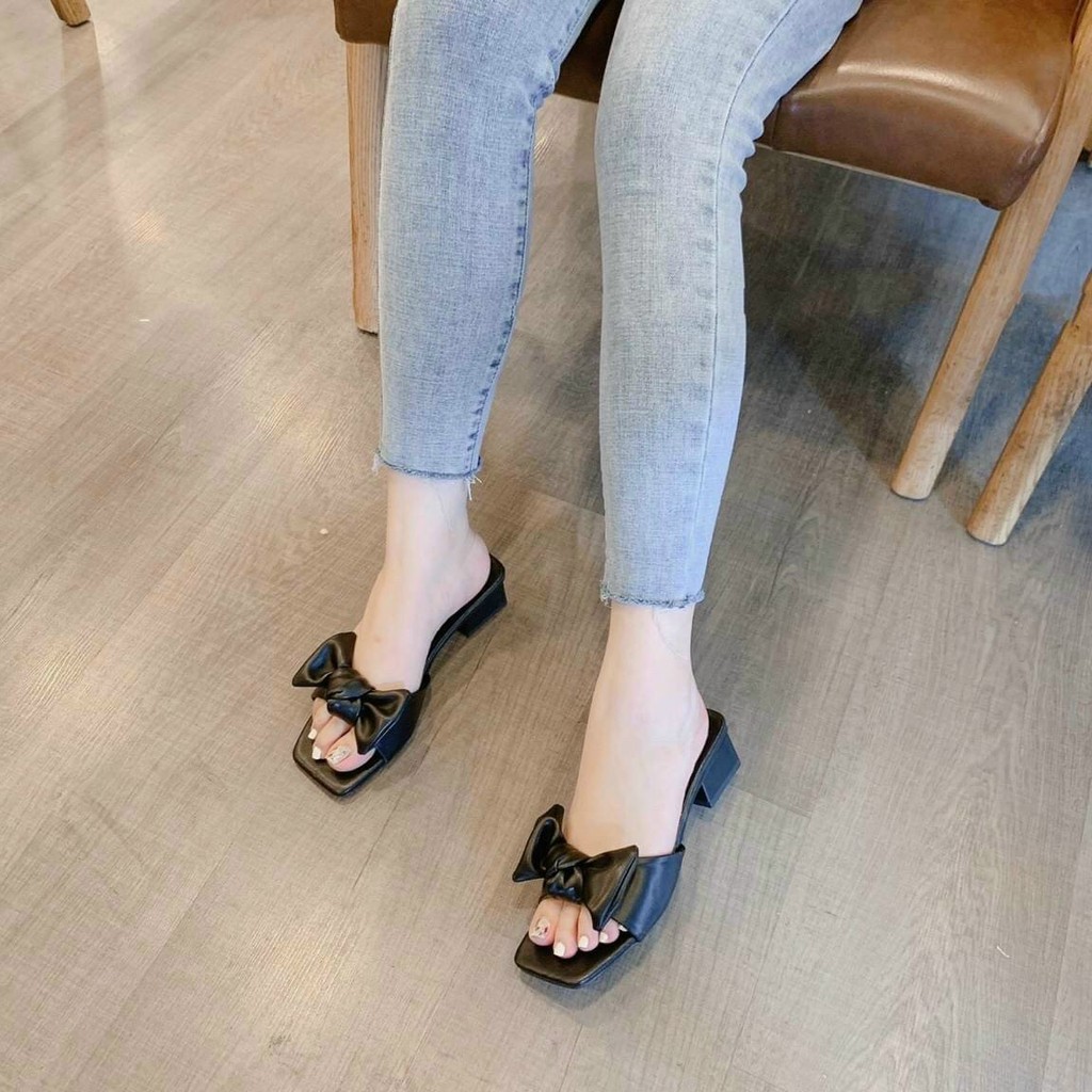 Guốc nữ Cao Gót vuông 3cm mũi hở-Dép cao gót quai ngang thắt nơ phồng to mã GNP MINHTUYETSHOES