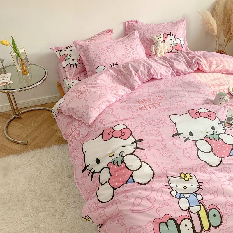 Chăn ga gối cotton poly - Mẫu hello kitty.