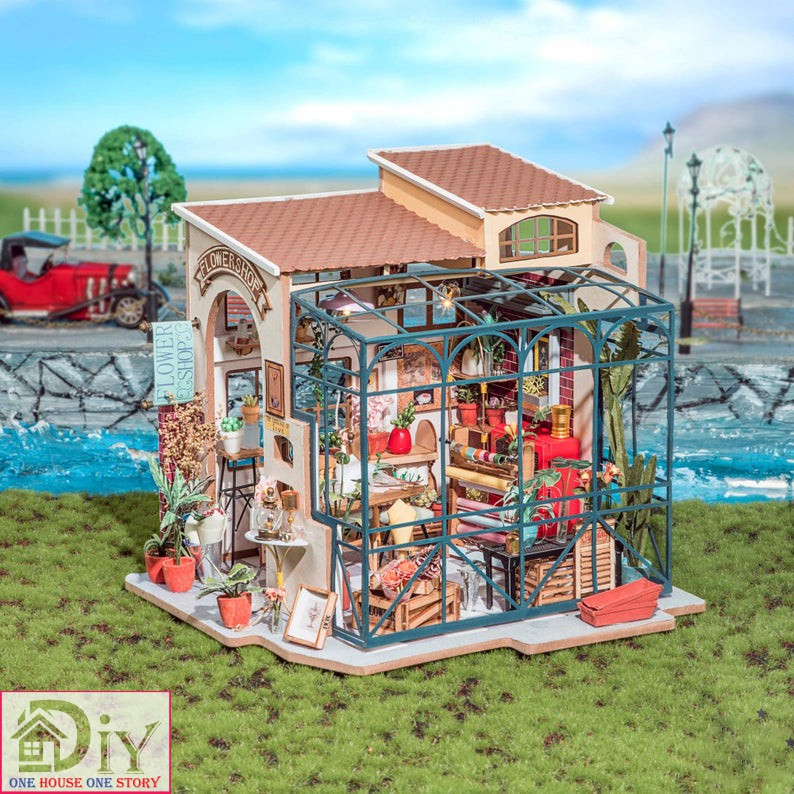 [Bản tiếng Anh]Mô hình nhà tự lắp ráp bằng gỗ Dollhouse DIY EMILY'S FLOWER SHOP - Robotime mã DG145 (Kèm nhíp + keo)