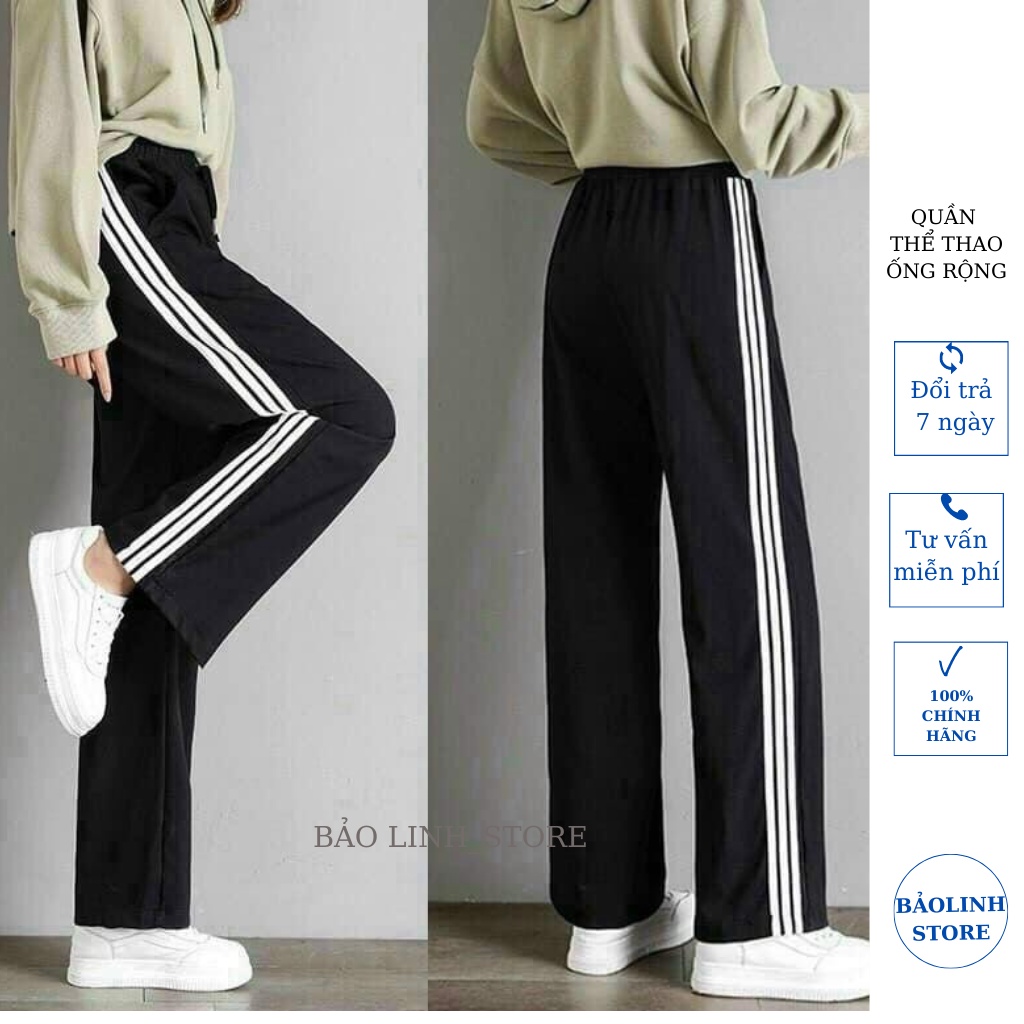 Quần thể thao ống rộng 3 sọc suông nữ vải Umi dày có túi viền kẻ trắng,Quần jogger đi học thể dục cá tính