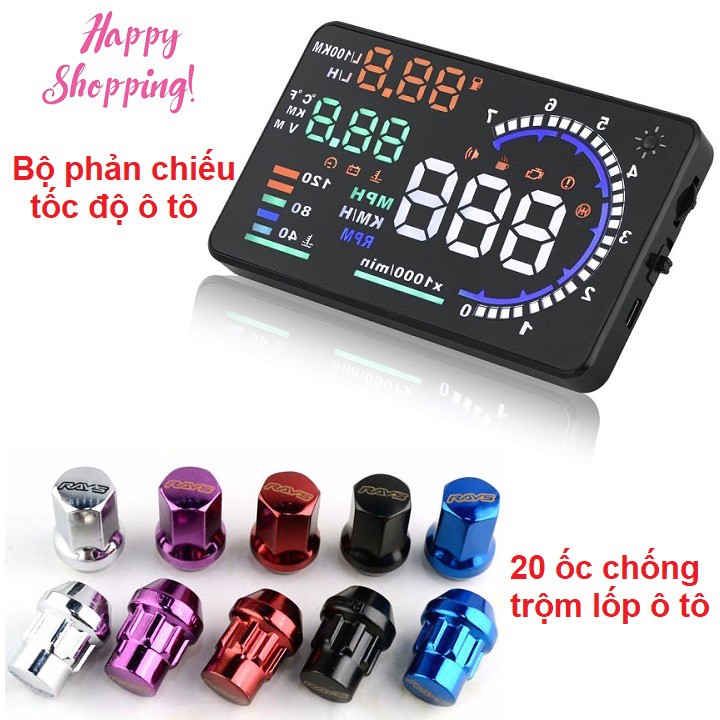 Bộ 20 ốc chống trộm lốp xe ô tô và thiết bị phản chiếu tốc độ ô tô lên kính lái - Giúp bảo bảo vệ và kiểm soát ô tô