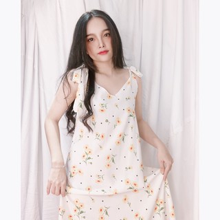 Đầm dây thắt nơ vai dáng suông dài vải lụa mát