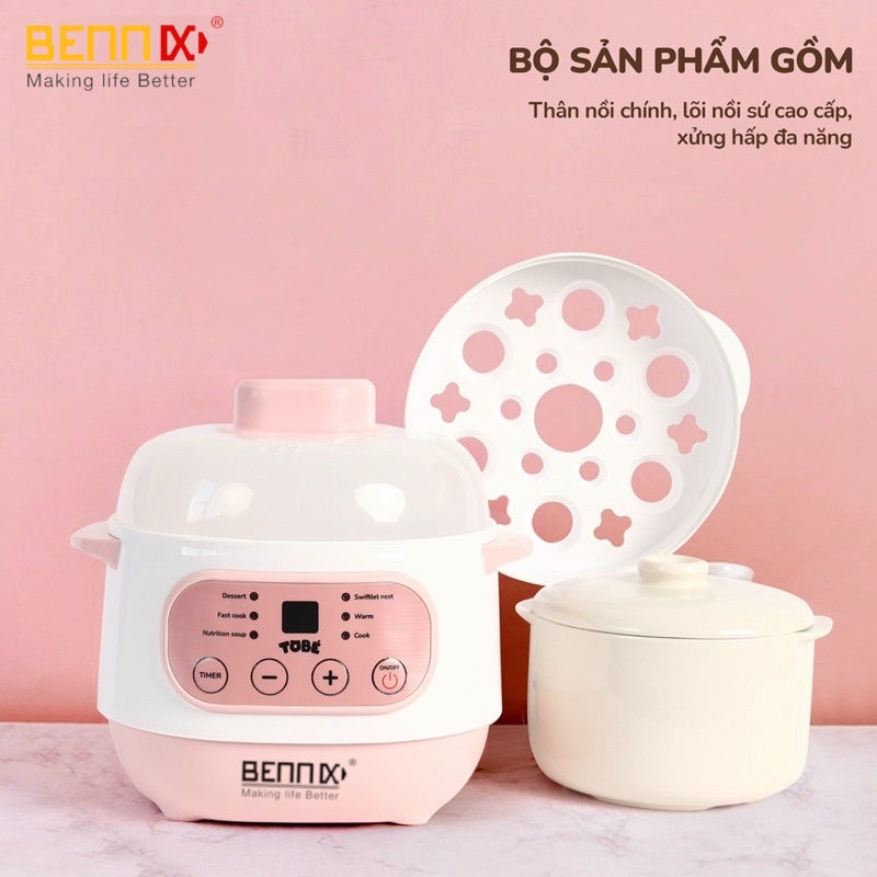 Nồi nấu chậm hấp cách thủy Bennix BN-100A-Steam dung tích 1 lít kèm xửng hấp bảo hành 12 tháng (giao màu ngẫu nhiên)