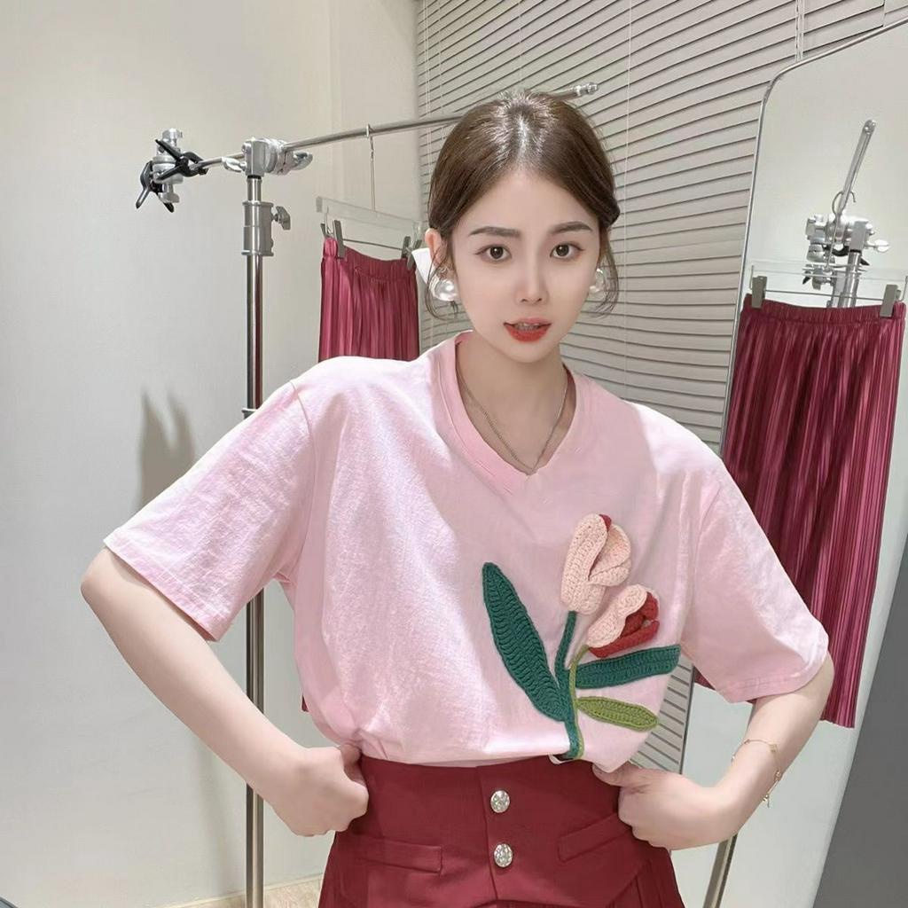 「 WELOVE1 」Áo Thun Nữ Dệt Kim Tay Ngắn Cổ Tròn Dáng Rộng Màu Hồng Thời Trang Mùa Hè Mới