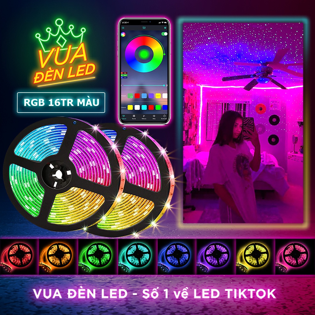 Đèn Led Tiktok 5m Điều Khiển Bằng App Điện Thoại 16 Triệu Màu, Pha Màu DIY 5050 RGB Nháy Theo Nhạc Trang Trí Phòng Ngủ