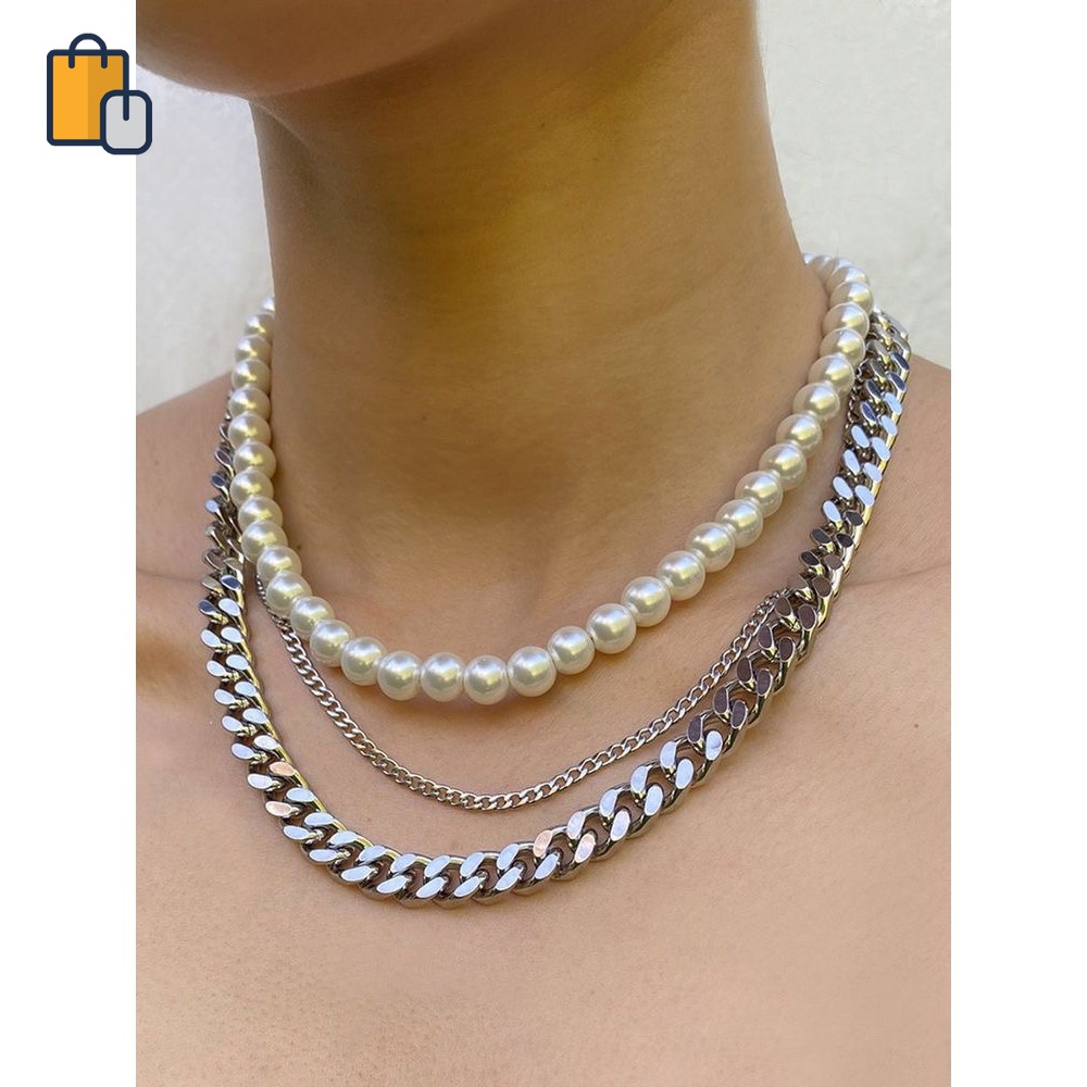 Bộ 2 Vòng Cổ Choker Bằng Kim Loại Đính Hạt Ngọc Trai Thời Trang Phong Cách Hip Hop Dành Cho Nam Và Nữ