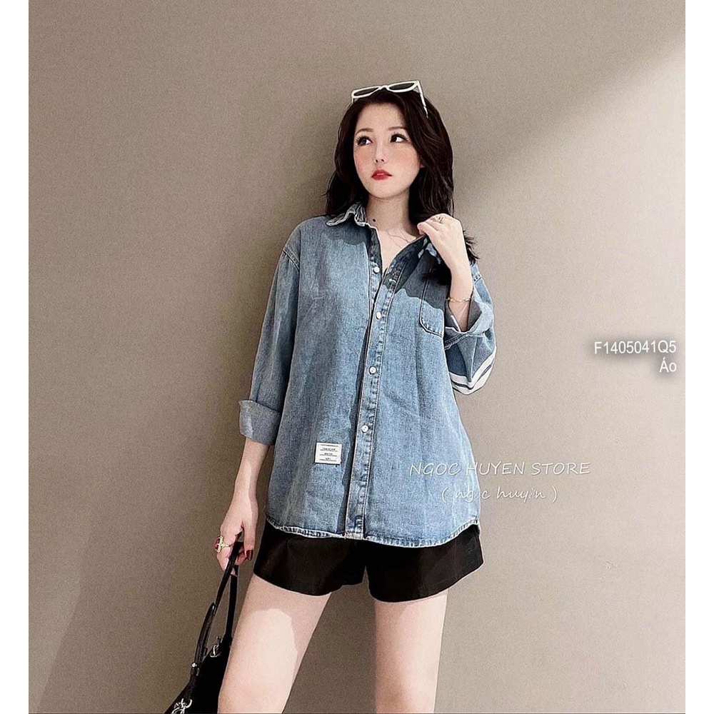 Áo sơ mi jean tay dài phối viền sọc bên có túi!