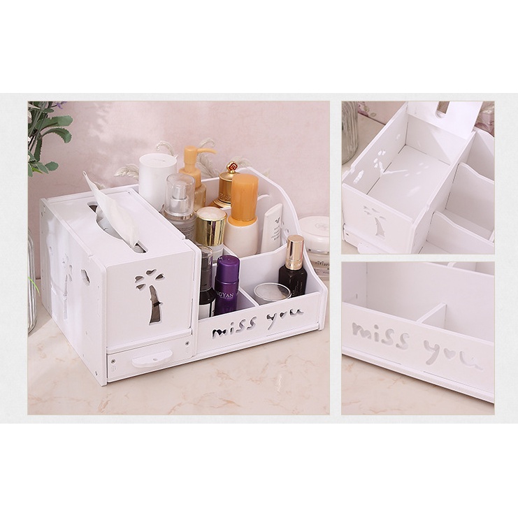 Kệ mỹ phẩm gỗ để bàn in chữ miss you kèm hộp đựng khăn giấy kích thước 28x19x14cm