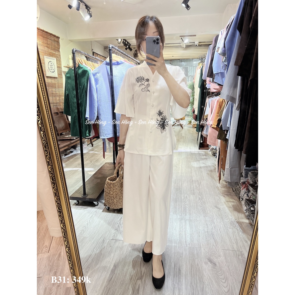 QUẦN ÁO PHẬT TỬ ĐI CHÙA CAP CẤP - pháp phục nữ vải cotton lạnh # mẫu đồ lam đi lễ thêu hoa cúc thanh lịch B31
