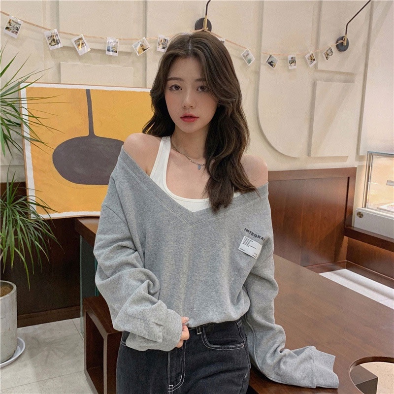 Áo sweater XINLANYASHE dáng rộng giả hai lớp cổ chữ v phối màu thời trang xu hướng Hàn Quốc cho nữ