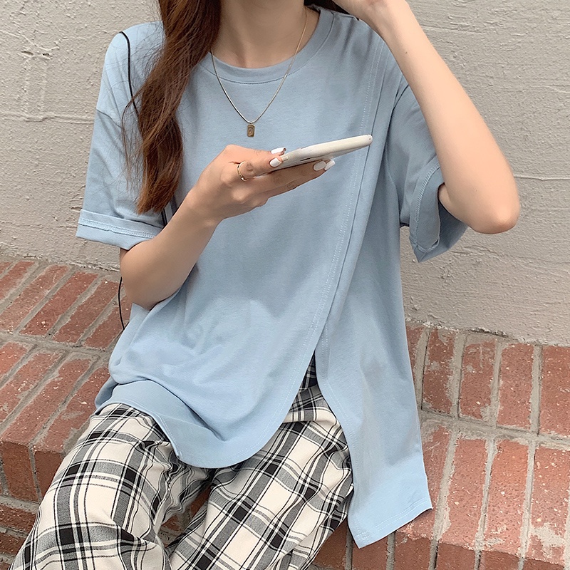 SUXI Áo thun nữ tay ngắn dáng rộng màu trơn thời trang mùa hè