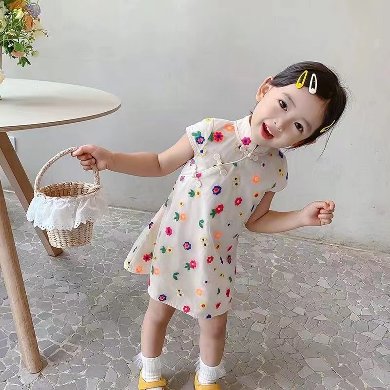 SANITKUN Đầm Sườn Xám Thêu Hoa Dễ Thương Cho Bé Gái