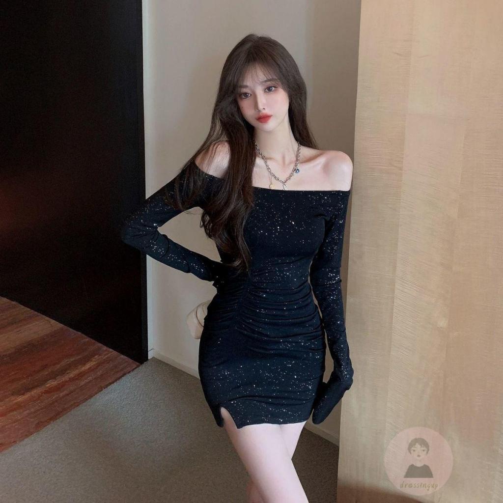 DRE-Women Wrap Slit Dress, Black Off-the-shoulder Long Sleeve Bodycon Dress with Rhinestone, S/ M/ L/ XL/ XXL