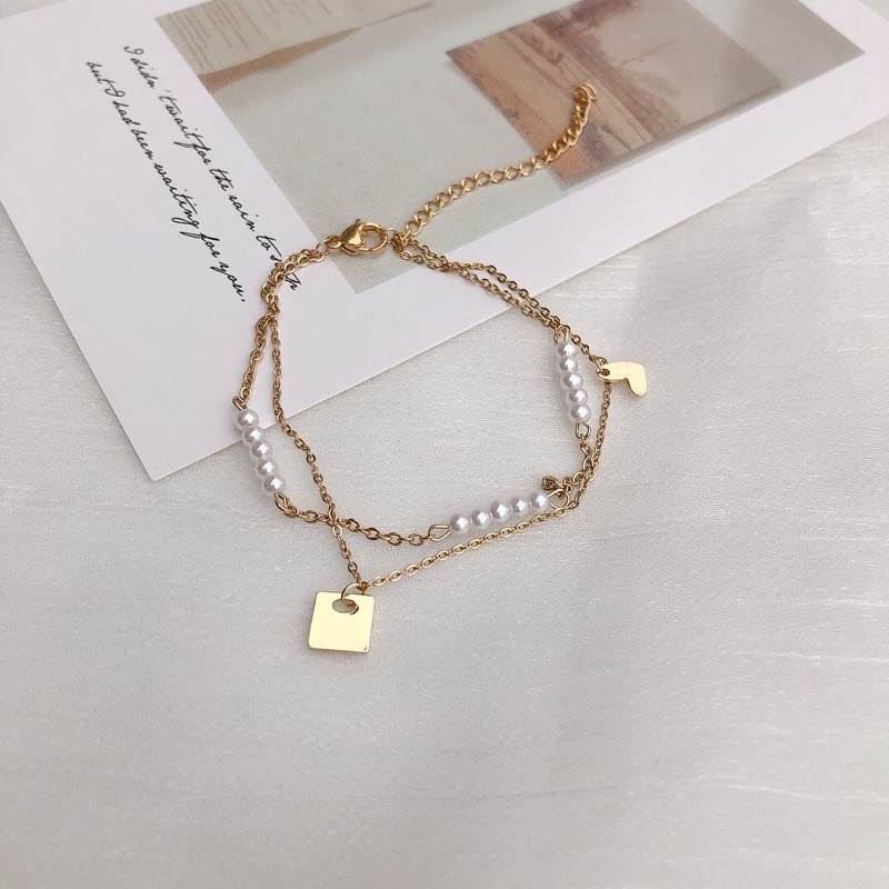 Vòng tay, lắc tay mặt vuông phối hạt trai phong cách Vintage Posy
