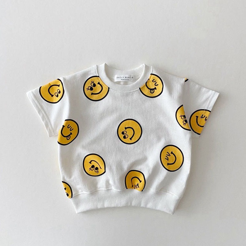 Set Áo Thun Ngắn Tay Cổ Tròn In Mặt Cười Và Quần Short Thời Trang Mùa Hè Cho Bé