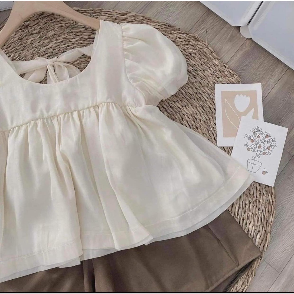Set bộ áo babydoll tay bồng nơ lưng quần ống rộng cạp cso SE032