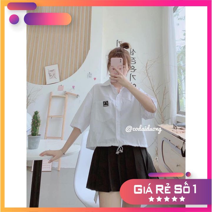 [RẺ VÔ ĐỊCH] Áo Sơ Mi Dây Rút Dáng Ngắn Thêu Logo Túi Ngực Siêu Hot