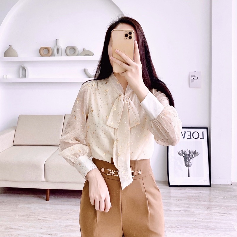 Áo sơ mi cổ nơ charm official phong cách công sở hàn quốc chất liệu tơ mềm minh may hai lớp có lót bên trong A62