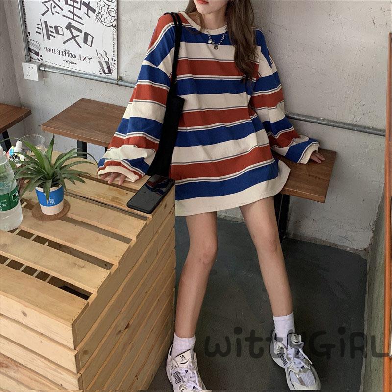 Áo thun tay dài cổ tròn kẻ sọc thời trang cho nữ