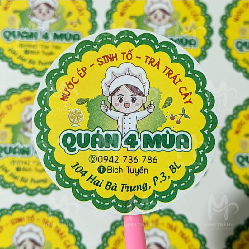 1000 tem giấy 4*4 cm, cán màng, cắt sẵn, miễn phí thiết kế . tem nhãn dán ly cà phê, trà sữa, ăn vặt.