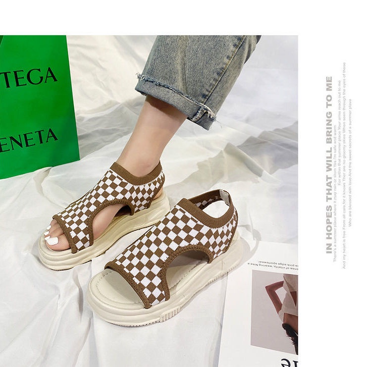 Oeggeo shop Xăng đan Dệt Kim Đế Dày Thoáng Khí Kẻ Sọc Cho Nữ