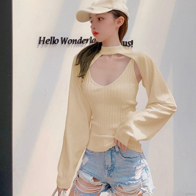 Áo sweater tay dài cổ tròn hở lưng màu sắc đơn giản phong cách Hàn Quốc cho nữ