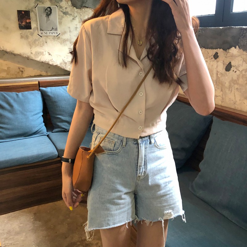 Áo Sơ Mi chiffon Tay Ngắn Dáng Rộng Cổ Chữ V Thời Trang Phong Cách Hàn Quốc Cho Nữ