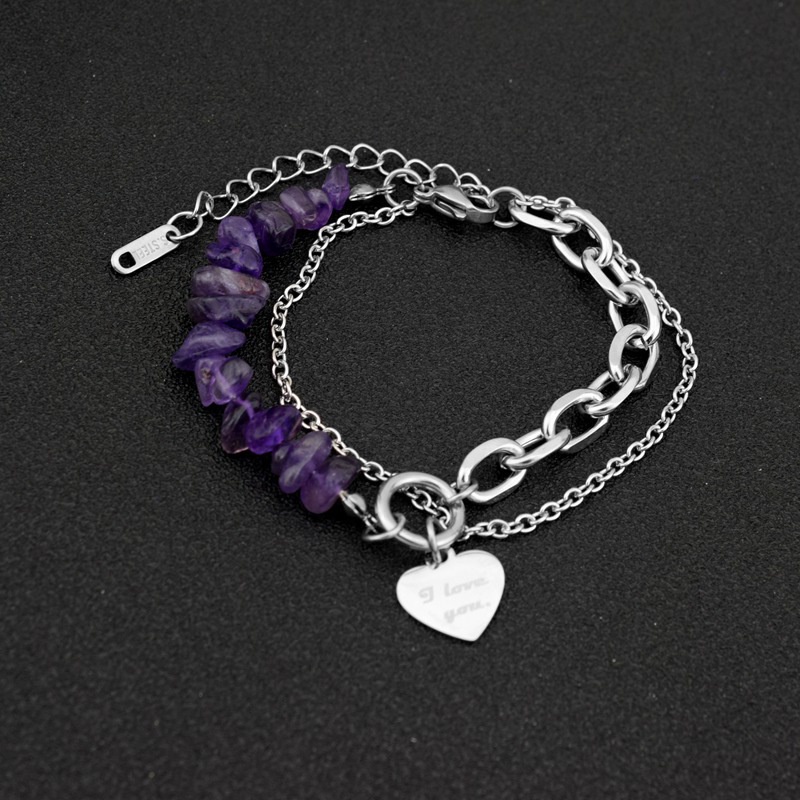 Vòng Đeo Tay Bằng Thép Titan Đính Đá Thạch Anh Tím Phong Cách Hip Hop Dành Cho Nam Và Nữ