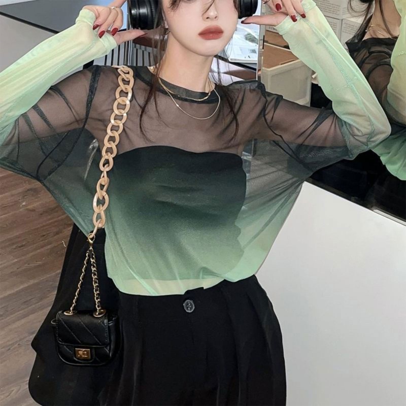 Áo Thun Lưới Tay Dài Dáng Rộng Màu Sắc Gradient Dành Cho Nữ