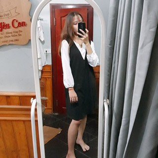 Váy Bầu Đen Phối Trắng Cổ Khoét V