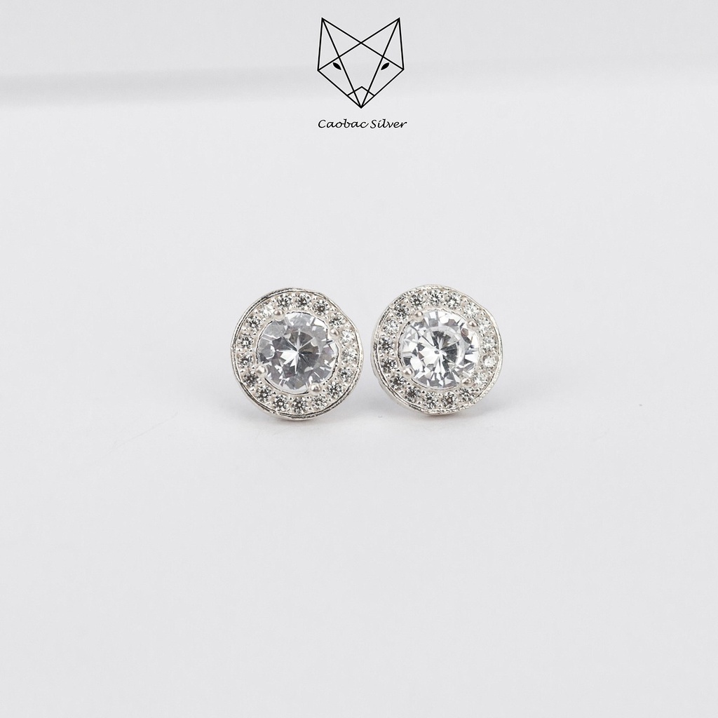 Khuyên Tai Bạc Ta Nữ CaoBac Silver Bông Bạc Đính Đá Ổ Đá Viền Đá Tròn Tinh Tế Làm Quà Lịch Sự Cho Phụ Nữ