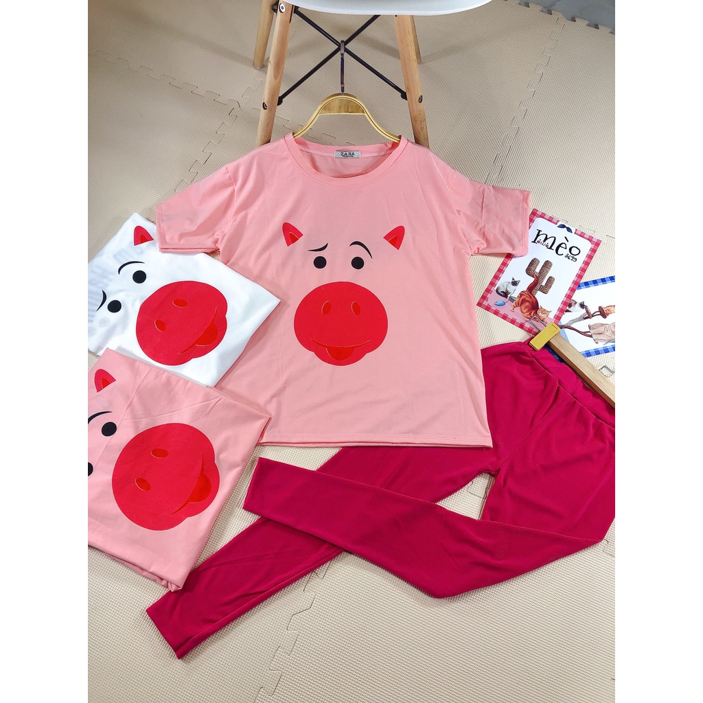 [Chuyên Sỉ] Bộ thun heo hồng quần legghing dài, vải cotton mềm mịn và quần co dãn dày dặn.
