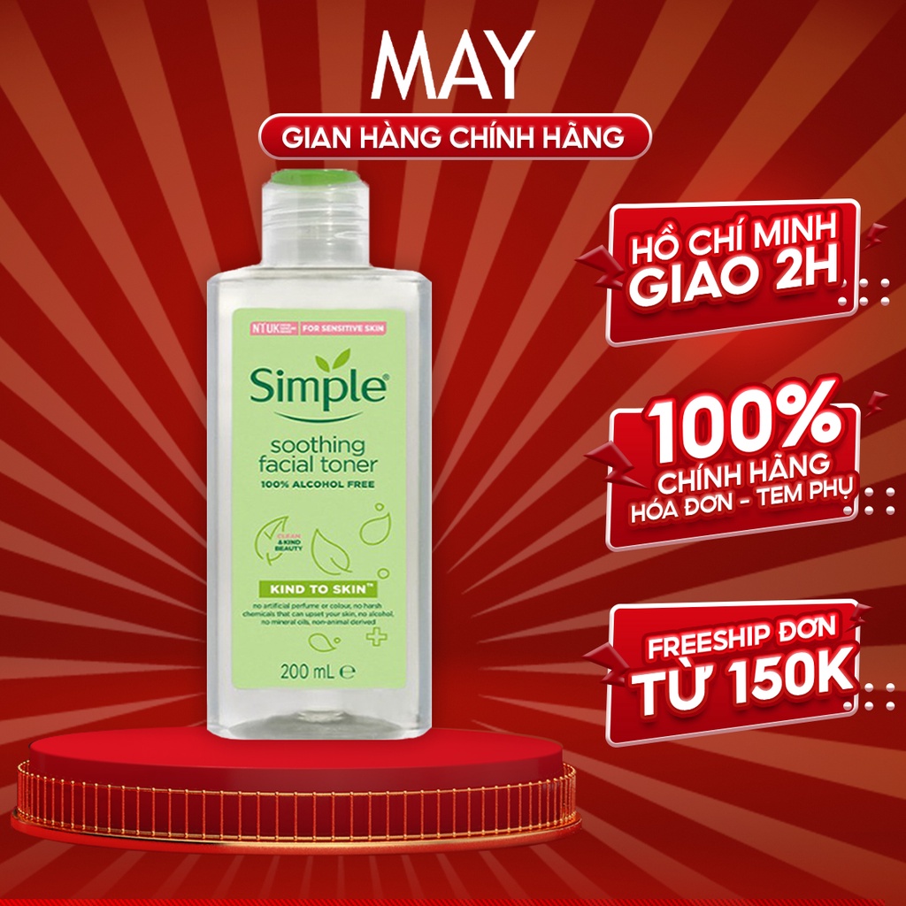 NƯỚC HOA HỒNG SIMPLE Kind To Skin Soothing Facial Toner Không Cồn, Cân Bằng Da Dịu Nhẹ 200ml