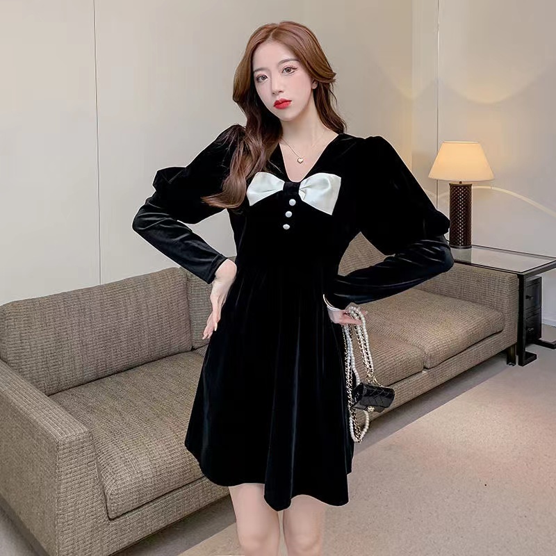 Đầm Nhung Dự Tiệc Phối Nơ Phong Cách Hàn Quốc Mới