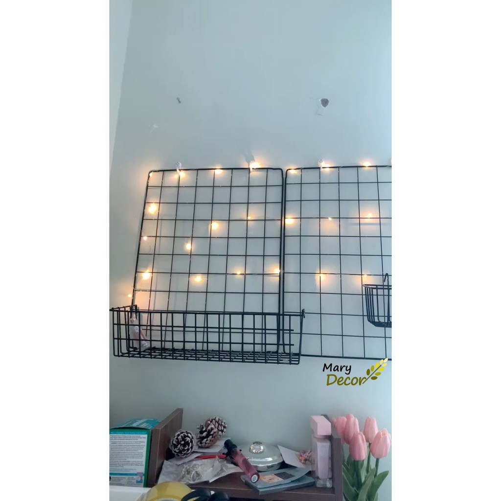 Khung lưới sắt trang trí treo tường,decor, giỏ lưới, rổ ,thanh để đồ,kẹp gỗ,đèn led kẹp ảnh,dây cờ (combo 2 khung)