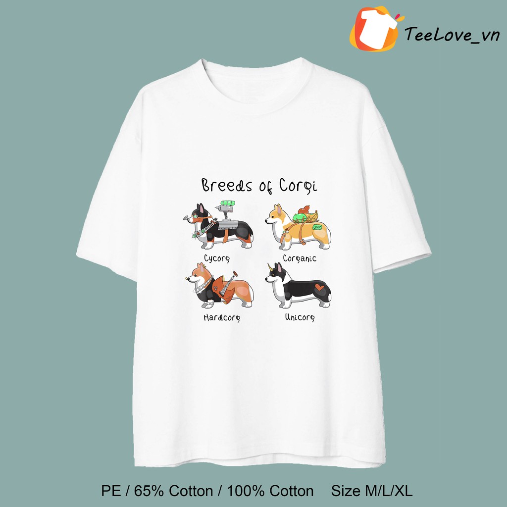 Áo thun 100% Cotton tay lỡ hình Cún Corgi đáng yêu kiểu dáng UNISEX form rộng cho nam nữ màu đen, trắng size M/L/XL