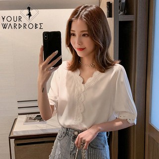 [THANH LÝ GIÁ GỐC]❤FREE SHIP❤ ÁO SƠ MI NỮ TRẮNG PHỐI REN CỔ CHỮ V TAY NGẮN SS012