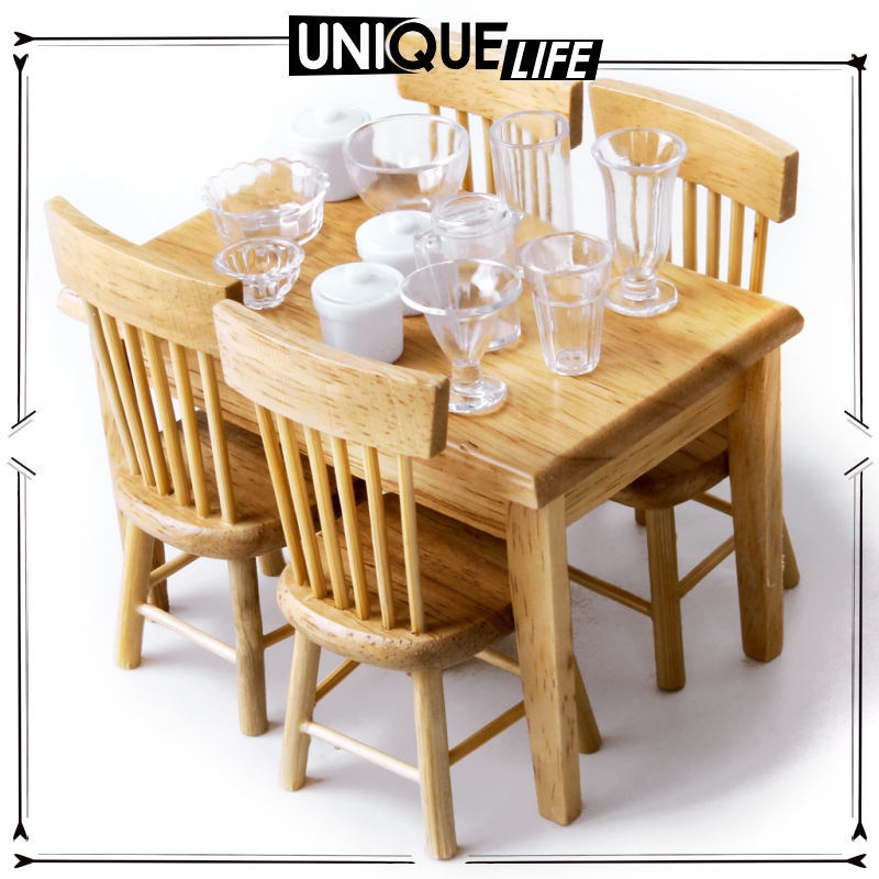 Bộ Bàn Ghế Gỗ Mini 1: 12 + 4 Ghế Màu Trắng Trang Trí Nhà Búp Bê