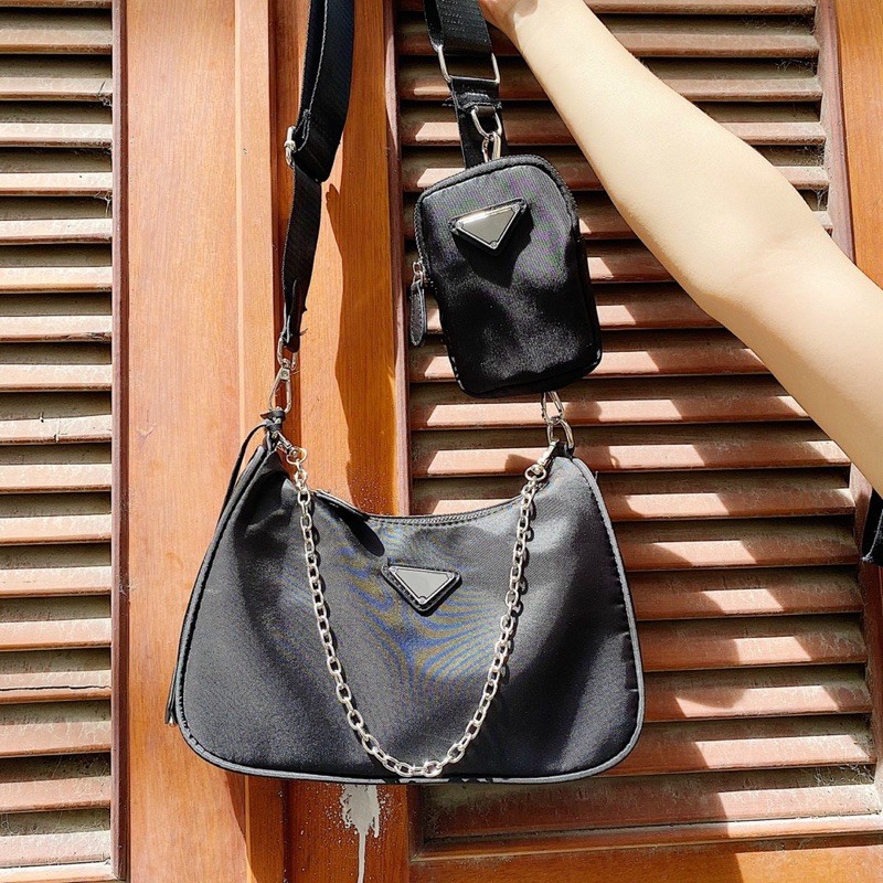 Túi Đeo Chéo 3in1 BLACK BAG chất vải dù đen trơn basic có thể đeo được nhiều kiểu set gồm 1 túi to và túi nhỏ