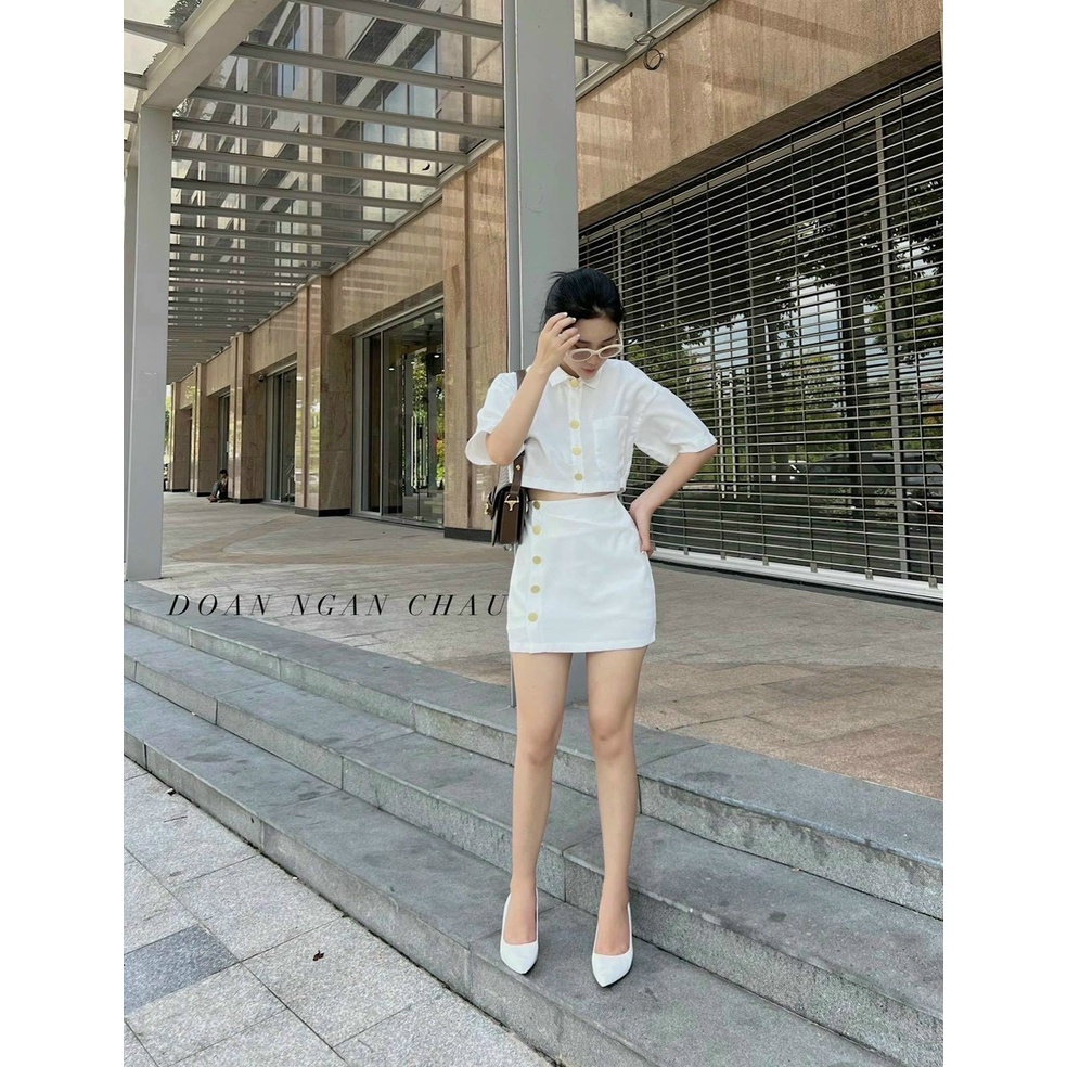 Set vest Hàn Quốc áo croptop cổ bẻ tay ngắn phối chân váy chữ A phối cúc một bên thanh lịch mặc đi chơi