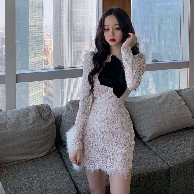 Đầm body cổ nơ sexy tay dài, vải ren trắng, Size S M, váy body maxi có lót trong