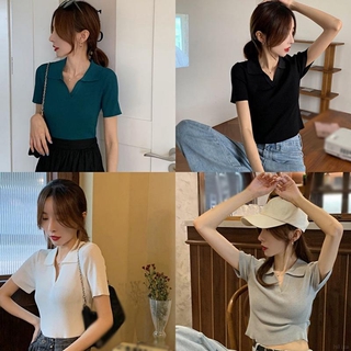 Áo thun dệt kim tay ngắn cổ chữ v màu trơn