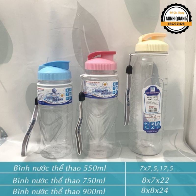 Bình Nước Học Sinh, Bình Nước Thể Thao 500ml,750ml,900ml Nhựa Việt Nhật Cao Cấp Có Quai Dù Treo