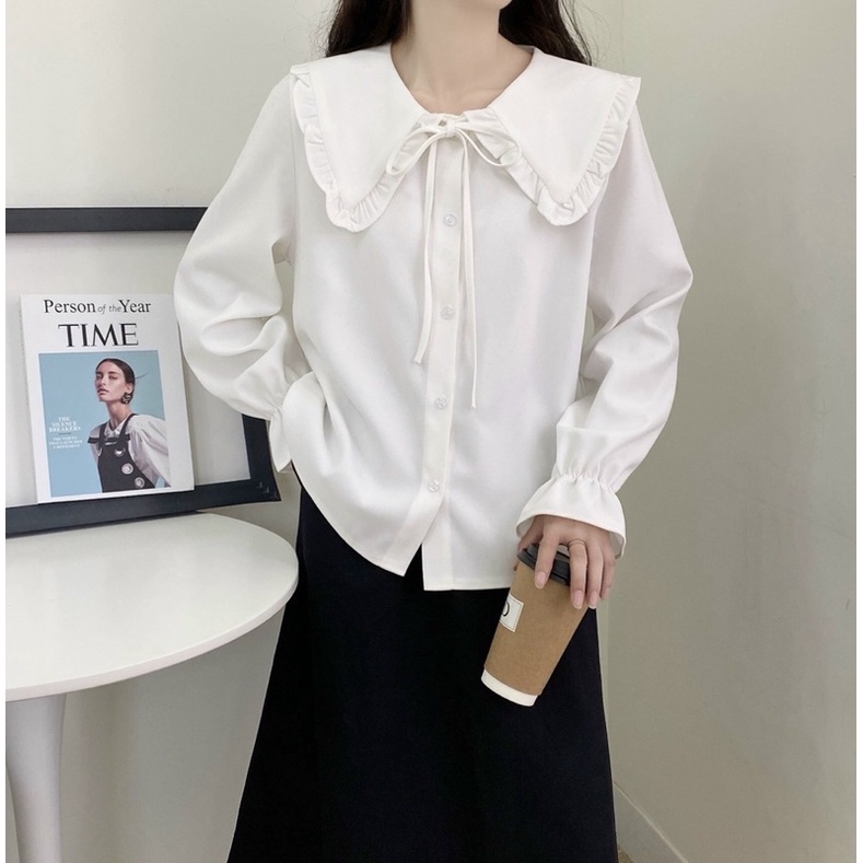 áo sơ mi cổ bèo buộc nơ ở cổ
