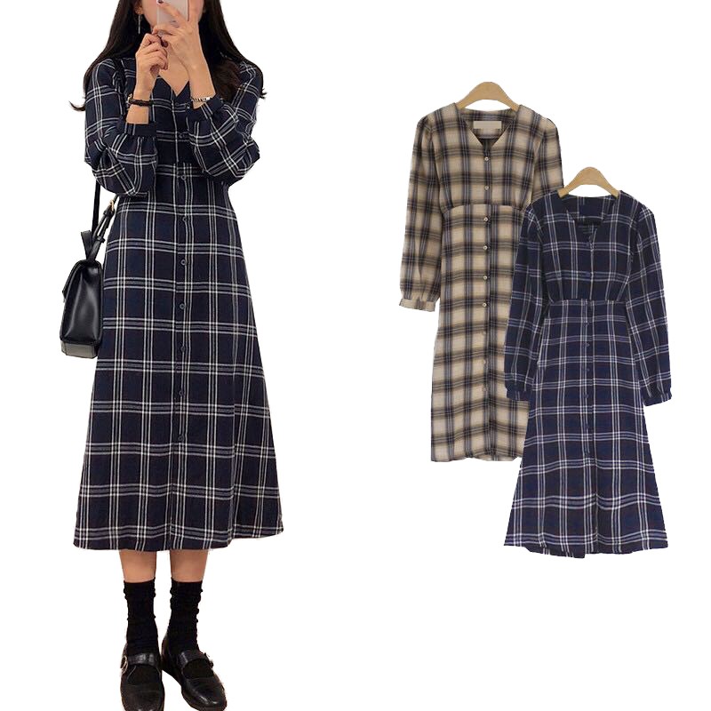 Đầm midi SUXI tay dài phối họa tiết caro phong cách Hàn Quốc thời trang xinh xắn