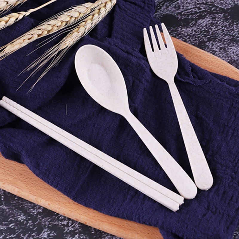 Bộ 3 món dụng cụ muỗng đũa nĩa bằng lúa mì thiết kế nhỏ gọn thích hợp mang đi du lịch cho trẻ em/người lớn