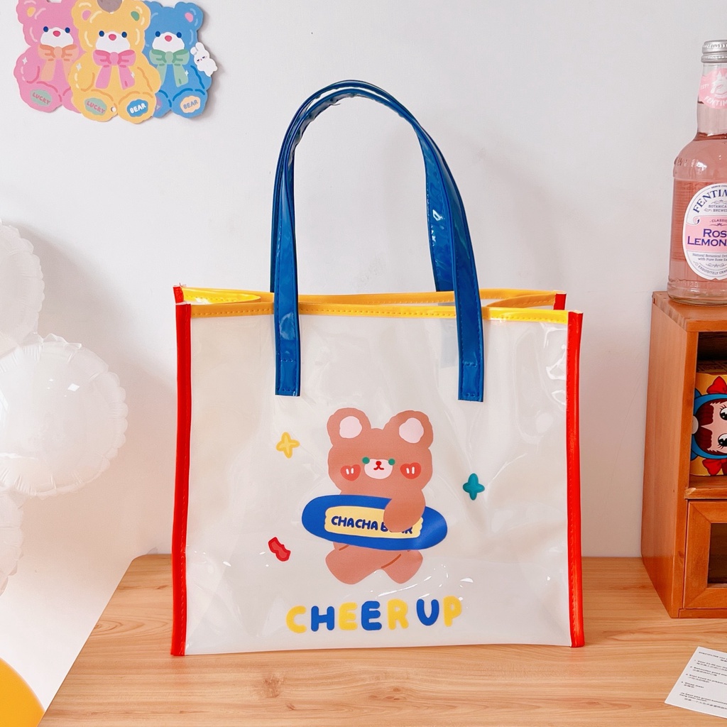 Túi Xách Đeo Vai Trong Suốt Chống Thấm Nước In Hình Gấu Hoạt Hình Dễ Thương Cho Nữ