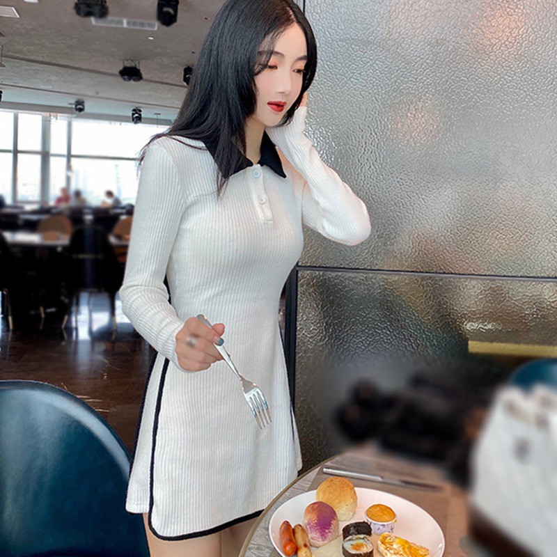 Đầm Ngắn Tay Dài Phối Màu Tương Phản Thiết Kế Đơn Giản Cho Nữ