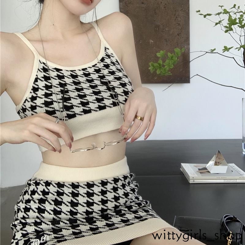 Wittygirls-áo Dệt Kim Ngắn Hai Dây Ôm Dáng Họa Tiết Houndstooth Cho Nữ
